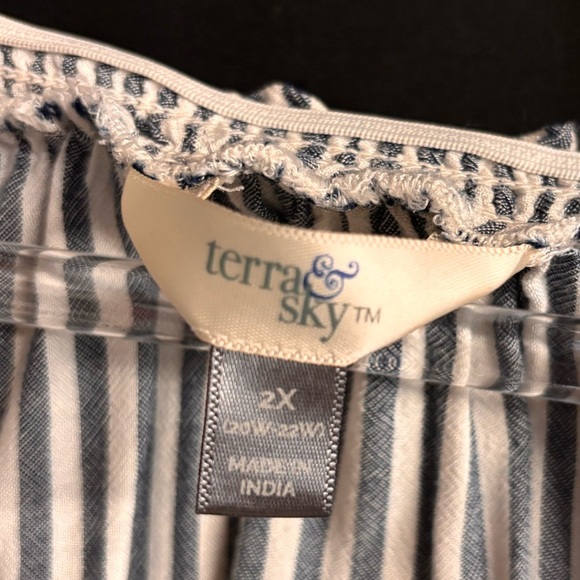 Terra & Sky Soft Linen Tunic Top Size 2X Flutter Sleeves Blue White Stripe - Picture 3 of 5